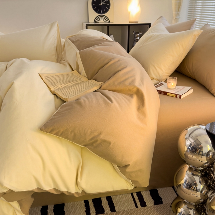 91家纺网 家纺一手货源 找家纺 颜选 2024新款简约纯色水洗棉四件套系列 奶茶+卡其