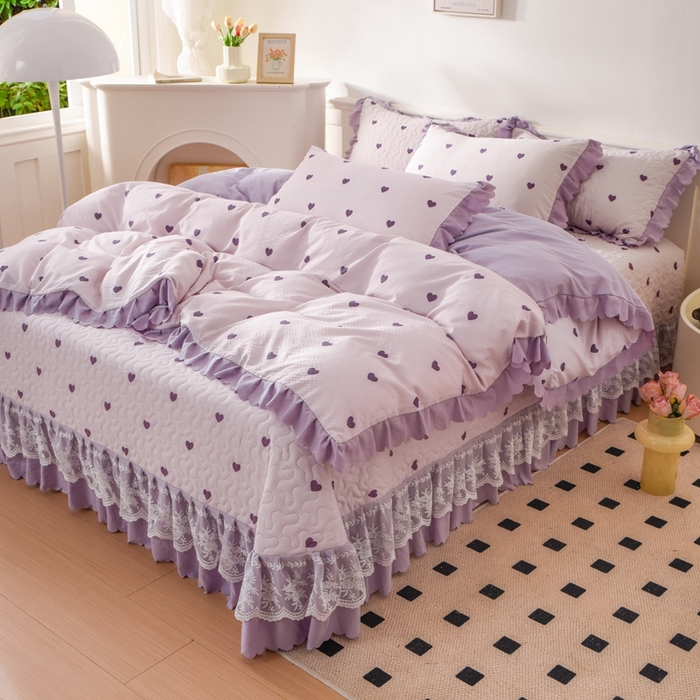 91家纺网 家纺一手货源 找家纺 美莱家纺 2024爆款蕾丝床盖三件套四件套【被套款】 紫爱心