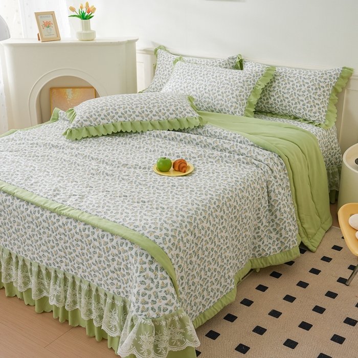 91家纺网 家纺一手货源 找家纺 美莱家纺 2024新款软糯泡泡棉蕾丝床盖床盖四件套单品系列-床盖夏被四件套 含羞草