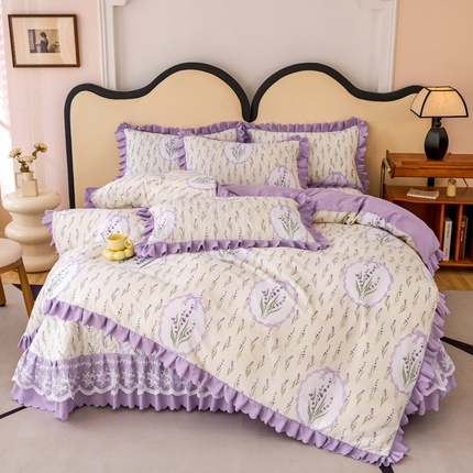 91家纺网 家纺一手货源 找家纺 美莱家纺 2024爆款蕾丝床盖三件套四件套【被套款】 薰衣草-紫