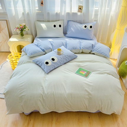 91家纺网 家纺一手货源 找家纺 颜选 2024新款亲肤舒适水洗棉四件套-大眼睛系列 绿格子