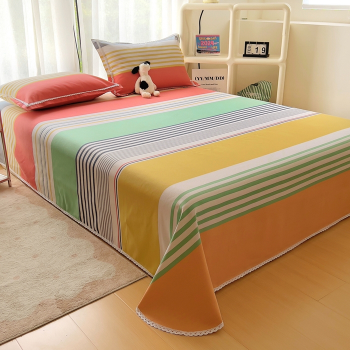 91家纺网 家纺一手货源 找家纺 新印象 2025新款花边老粗布床单款床笠款三件套 彩虹条