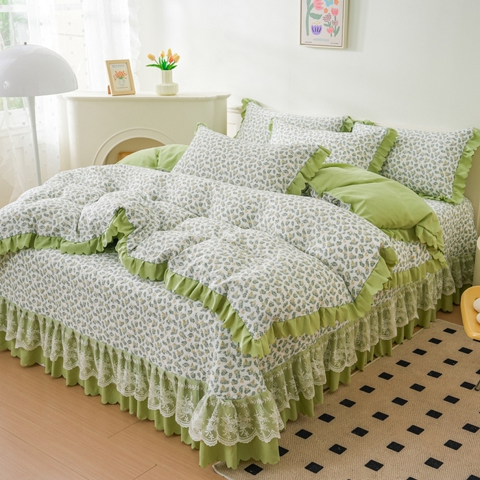 91家纺网 家纺一手货源 找家纺 美莱家纺 2024爆款蕾丝床盖三件套四件套【被套款】 含羞草