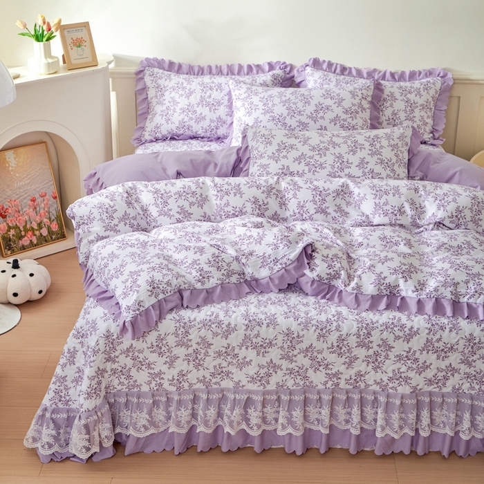 91家纺网 家纺一手货源 找家纺 美莱家纺 2024爆款蕾丝床盖三件套四件套【被套款】 紫苏