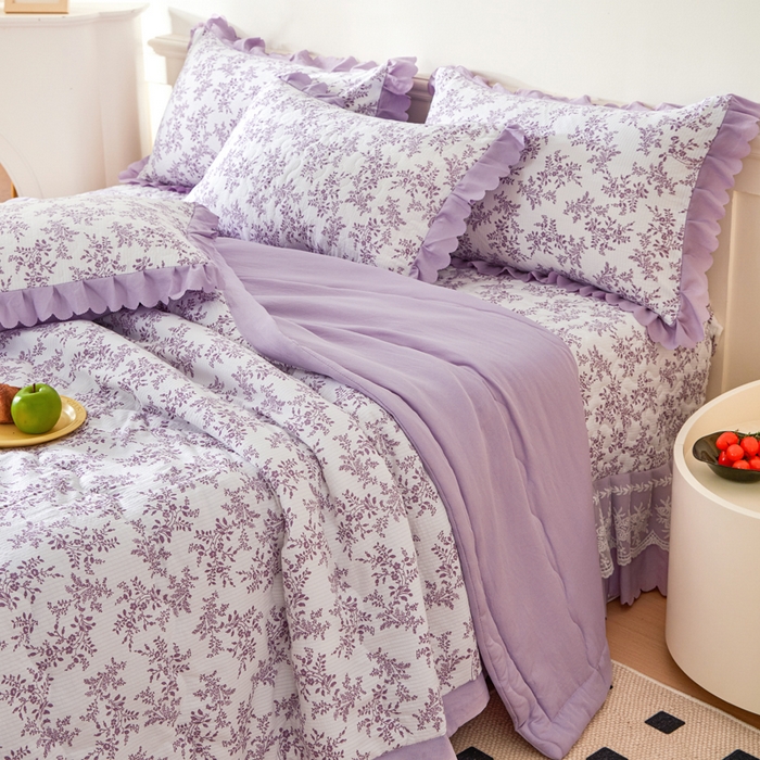 91家纺网 家纺一手货源 找家纺 美莱家纺 2024新款软糯泡泡棉蕾丝床盖床盖四件套单品系列-床盖夏被四件套 紫苏