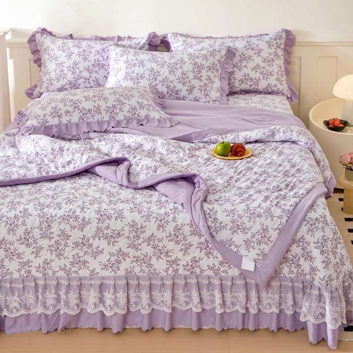 91家纺网 家纺一手货源 找家纺 美莱家纺 2024新款软糯泡泡棉蕾丝床盖床盖四件套单品系列-床盖夏被四件套 紫苏
