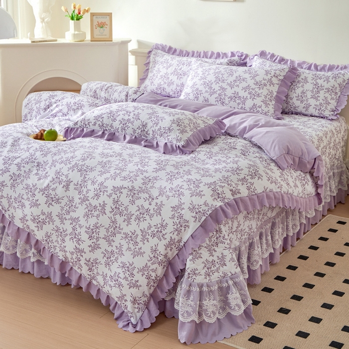 91家纺网 家纺一手货源 找家纺 美莱家纺 2024爆款蕾丝床盖三件套四件套【被套款】 紫苏