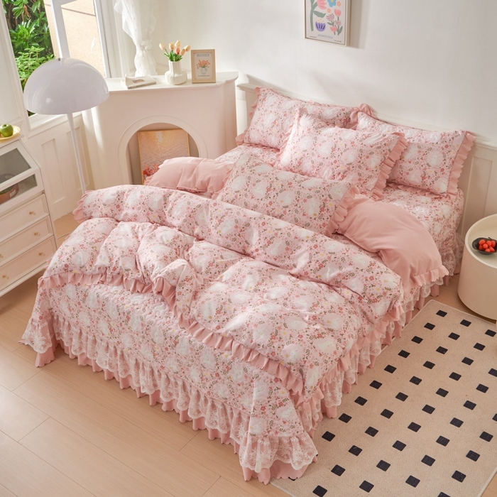 91家纺网 家纺一手货源 找家纺 美莱家纺 2024爆款蕾丝床盖三件套四件套【被套款】 小桃兔兔