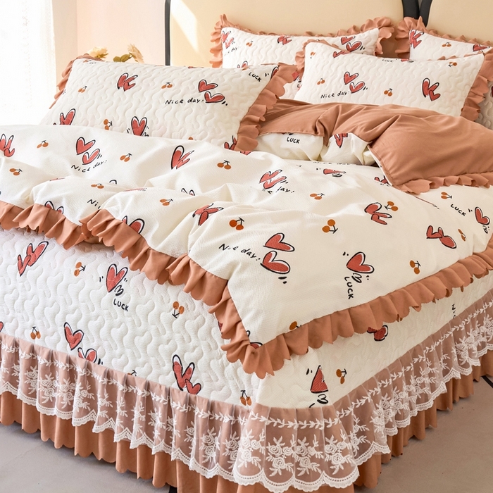 91家纺网 家纺一手货源 找家纺 美莱家纺 2024爆款蕾丝床盖三件套四件套【被套款】 甜心-咖