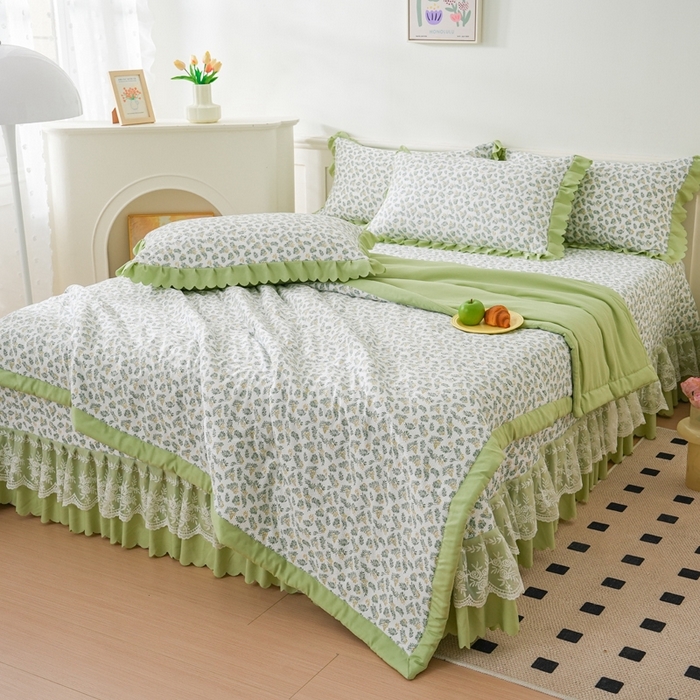 91家纺网 家纺一手货源 找家纺 美莱家纺 2024新款软糯泡泡棉蕾丝床盖床盖四件套单品系列-床盖夏被四件套 含羞草