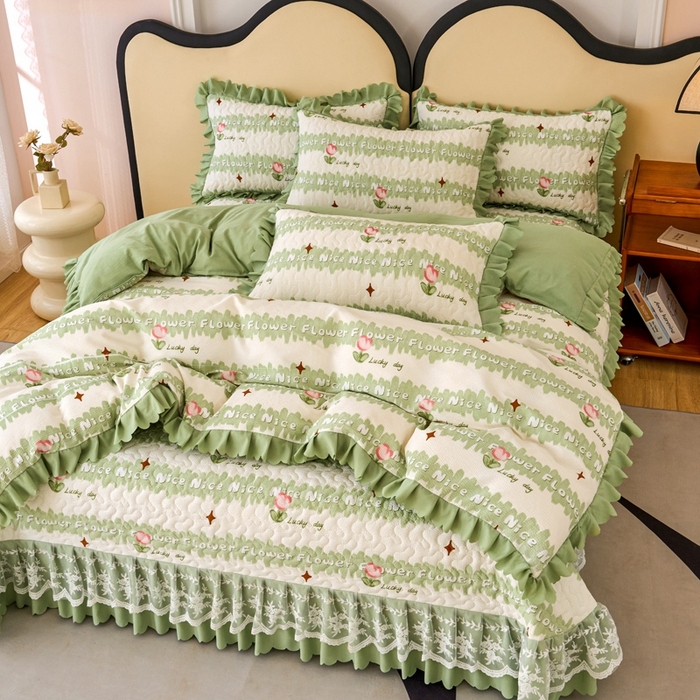 91家纺网 家纺一手货源 找家纺 美莱家纺 2024爆款蕾丝床盖三件套四件套【被套款】 郁金香-绿