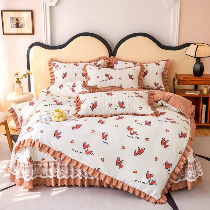 91家纺网 家纺一手货源 找家纺 美莱家纺 2024爆款蕾丝床盖三件套四件套【被套款】 甜心-咖