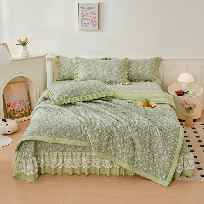 91家纺网 家纺一手货源 找家纺 美莱家纺 2024新款软糯泡泡棉蕾丝床盖床盖四件套单品系列-床盖夏被四件套 浅夕