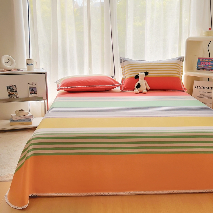 91家纺网 家纺一手货源 找家纺 新印象 2025新款花边老粗布床单款床笠款三件套 彩虹条