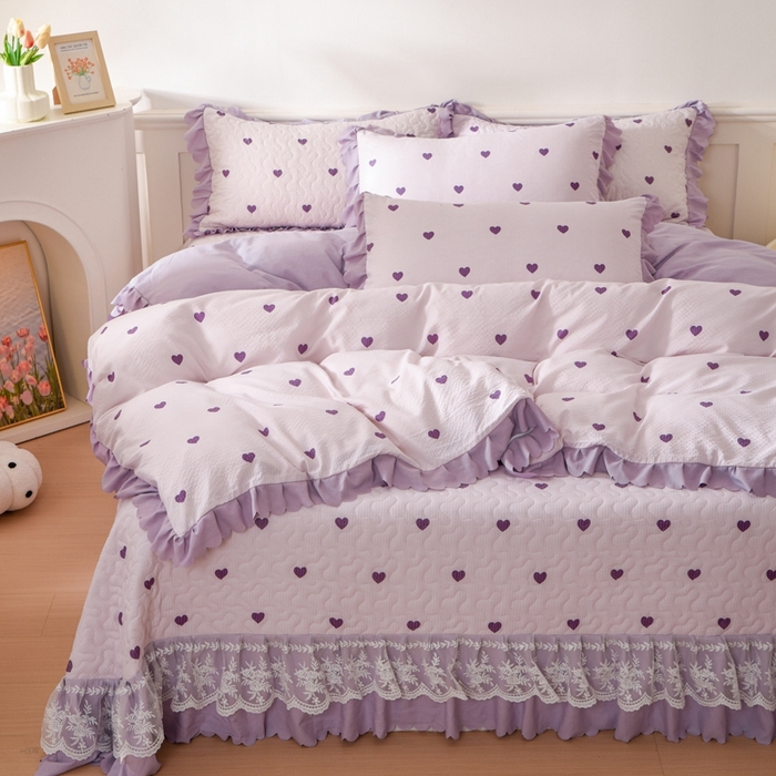 91家纺网 家纺一手货源 找家纺 美莱家纺 2024爆款蕾丝床盖三件套四件套【被套款】 紫爱心
