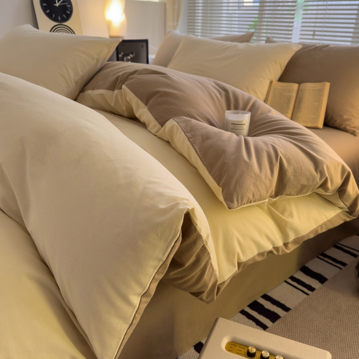 91家纺网 家纺一手货源 找家纺 颜选 2024新款简约纯色水洗棉四件套系列 奶茶+卡其