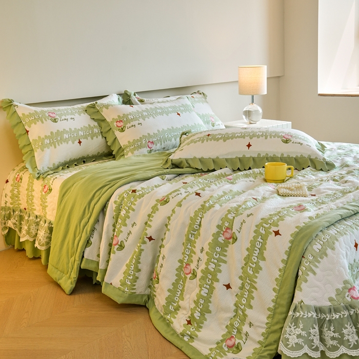 91家纺网 家纺一手货源 找家纺 美莱家纺 2024新款软糯泡泡棉蕾丝床盖床盖四件套单品系列-床盖夏被四件套 郁金香