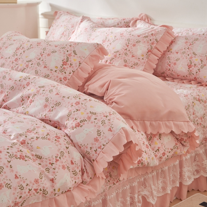 91家纺网 家纺一手货源 找家纺 美莱家纺 2024爆款蕾丝床盖三件套四件套【被套款】 小桃兔兔