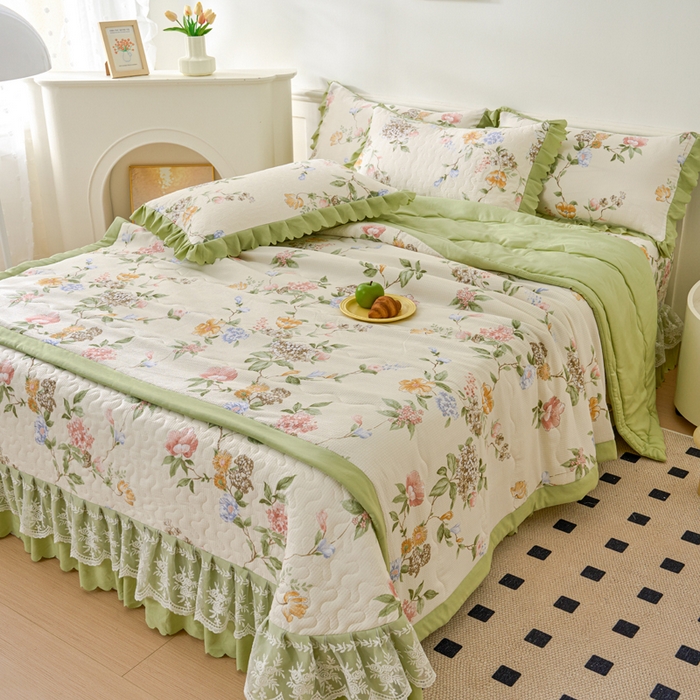 91家纺网 家纺一手货源 找家纺 美莱家纺 2024新款软糯泡泡棉蕾丝床盖床盖四件套单品系列-床盖夏被四件套 俏佳人