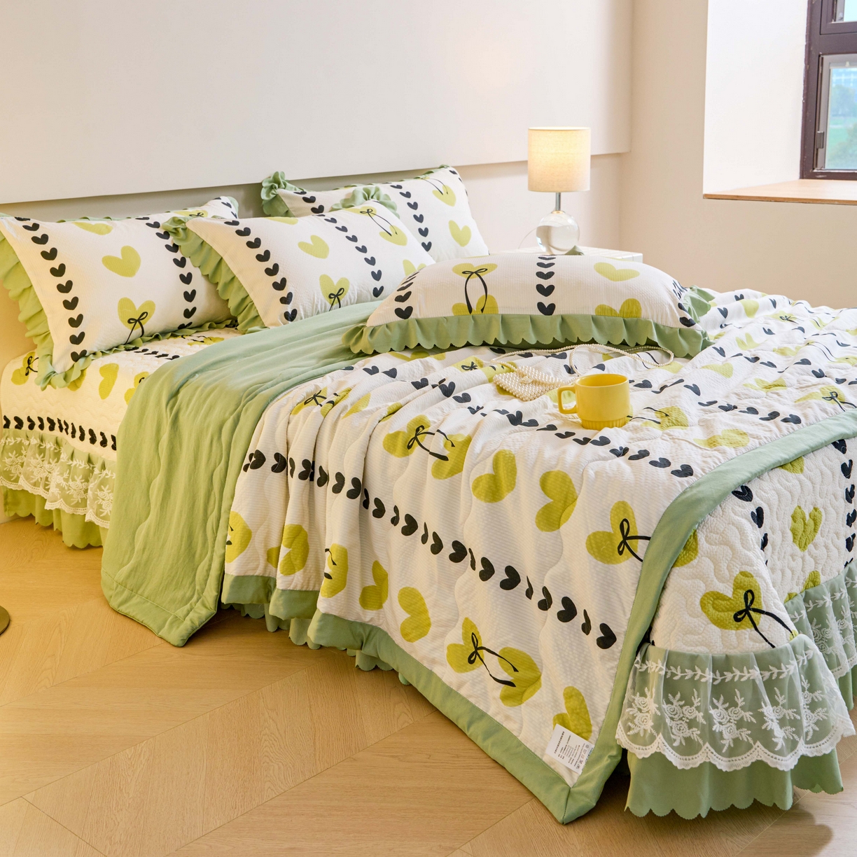 91家纺网 家纺一手货源 找家纺 美莱家纺 2024新款软糯泡泡棉蕾丝床盖床盖四件套单品系列-床盖夏被四件套 春风里