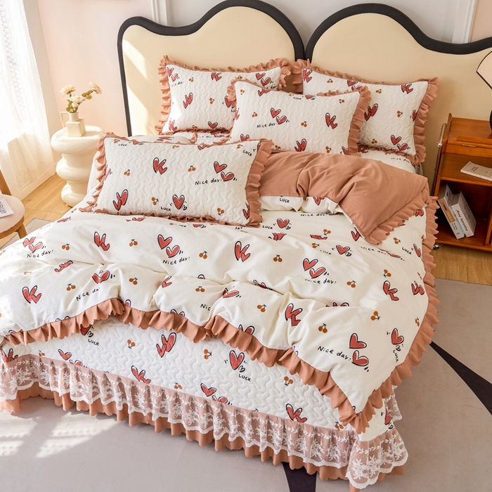 91家纺网 家纺一手货源 找家纺 美莱家纺 2024爆款蕾丝床盖三件套四件套【被套款】 甜心-咖