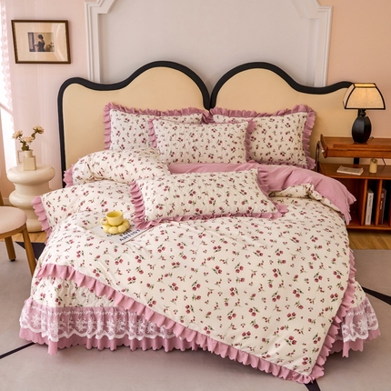 91家纺网 家纺一手货源 找家纺 美莱家纺 2024爆款蕾丝床盖三件套四件套【被套款】 樱花