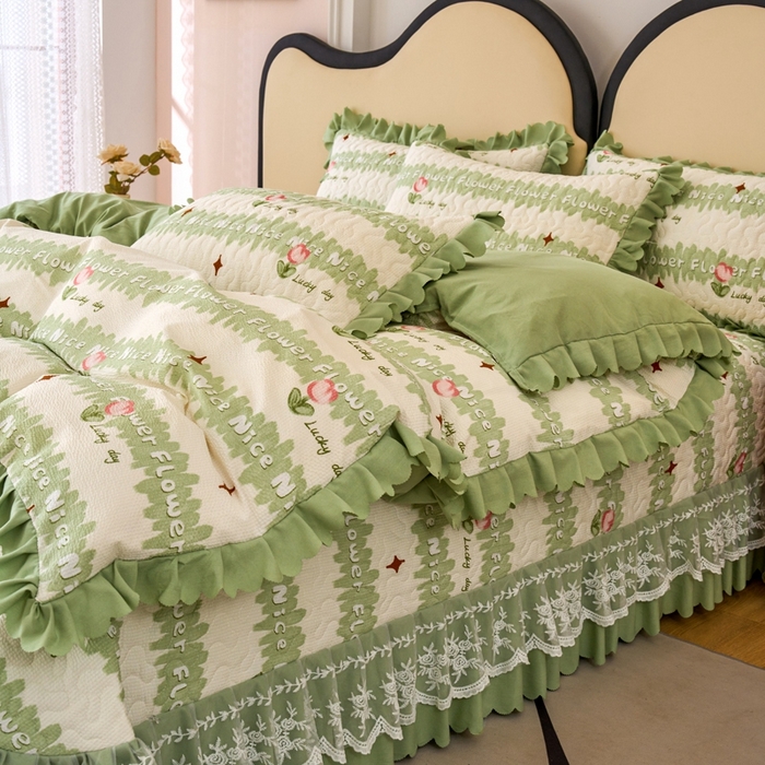 91家纺网 家纺一手货源 找家纺 美莱家纺 2024爆款蕾丝床盖三件套四件套【被套款】 郁金香-绿