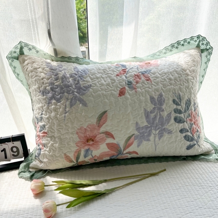 91家纺网 家纺一手货源 找家纺 百寐  2024新款13372全棉绗缝夹棉印花韩版花边枕套单品 时光剪影