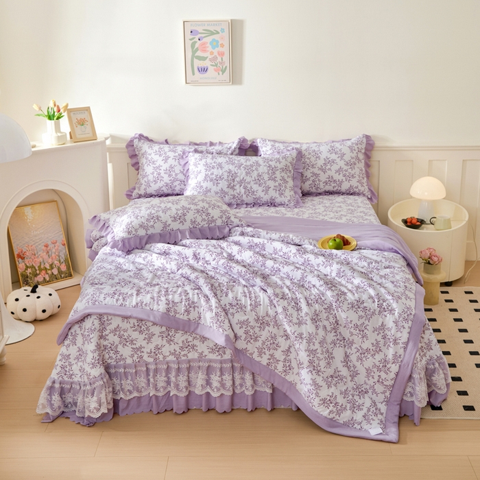 91家纺网 家纺一手货源 找家纺 美莱家纺 2024新款软糯泡泡棉蕾丝床盖床盖四件套单品系列-床盖夏被四件套 紫苏