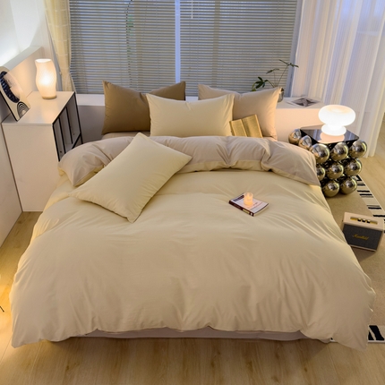 91家纺网 家纺一手货源 找家纺 颜选 2024新款简约纯色水洗棉四件套系列 卡其
