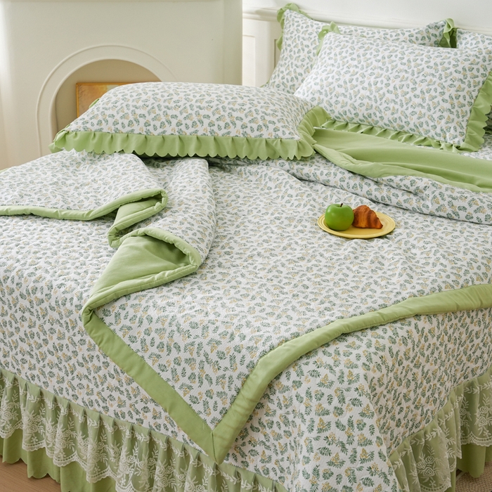 91家纺网 家纺一手货源 找家纺 美莱家纺 2024新款软糯泡泡棉蕾丝床盖床盖四件套单品系列-床盖夏被四件套 含羞草