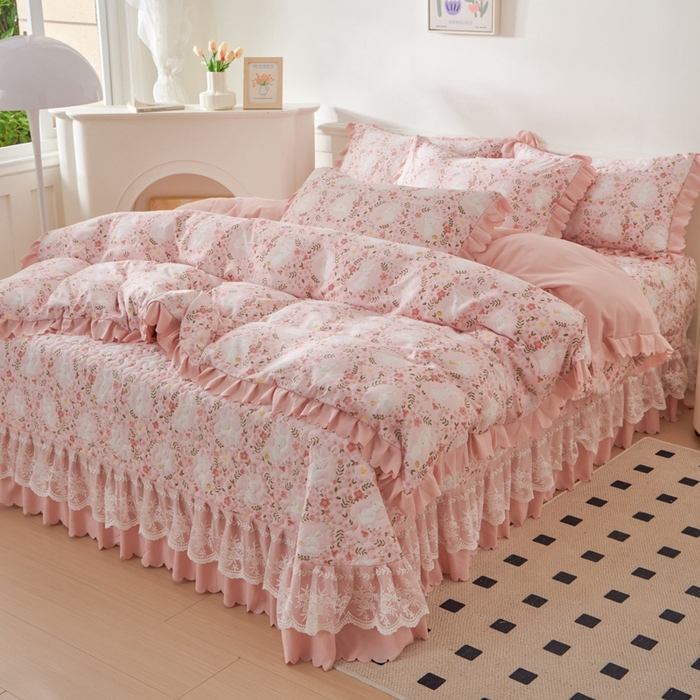 91家纺网 家纺一手货源 找家纺 美莱家纺 2024爆款蕾丝床盖三件套四件套【被套款】 小桃兔兔