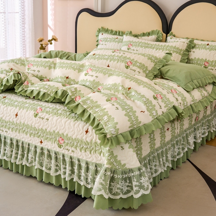 91家纺网 家纺一手货源 找家纺 美莱家纺 2024爆款蕾丝床盖三件套四件套【被套款】 郁金香-绿