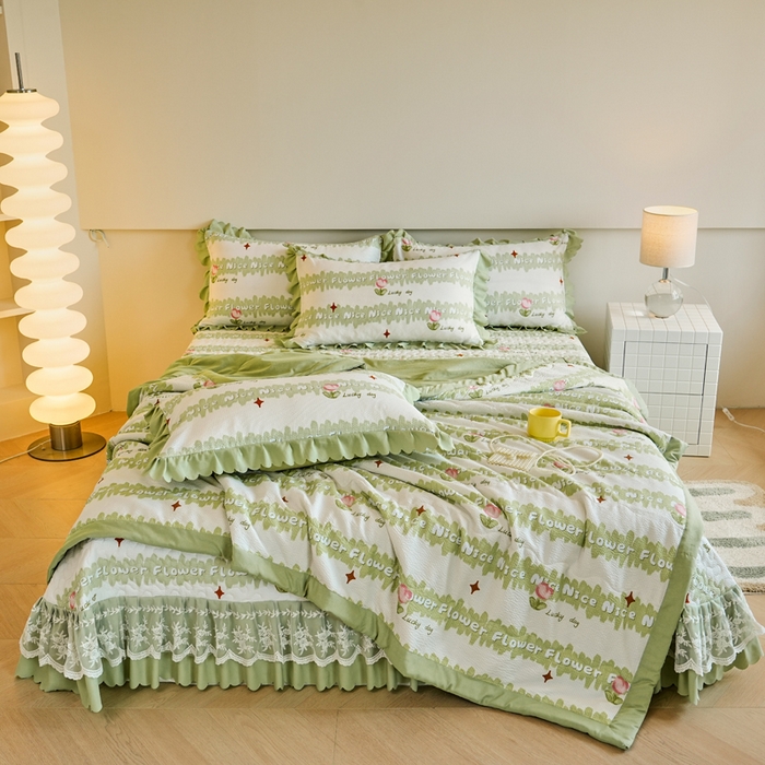 91家纺网 家纺一手货源 找家纺 美莱家纺 2024新款软糯泡泡棉蕾丝床盖床盖四件套单品系列-床盖夏被四件套 郁金香