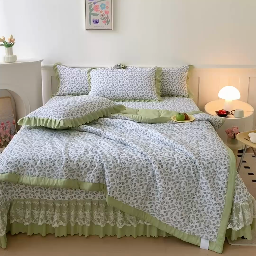 91家纺网 家纺一手货源 找家纺 美莱家纺 2024新款软糯泡泡棉蕾丝床盖床盖四件套单品系列-床盖夏被四件套 含羞草