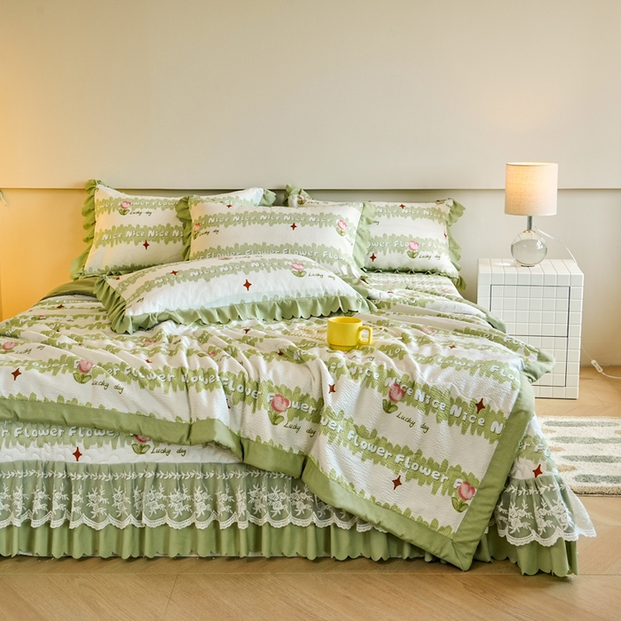 91家纺网 家纺一手货源 找家纺 美莱家纺 2024新款软糯泡泡棉蕾丝床盖床盖四件套单品系列-床盖夏被四件套 郁金香