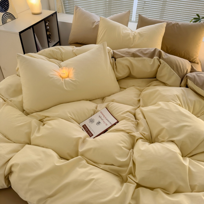 91家纺网 家纺一手货源 找家纺 颜选 2024新款简约纯色水洗棉四件套系列 奶茶+卡其