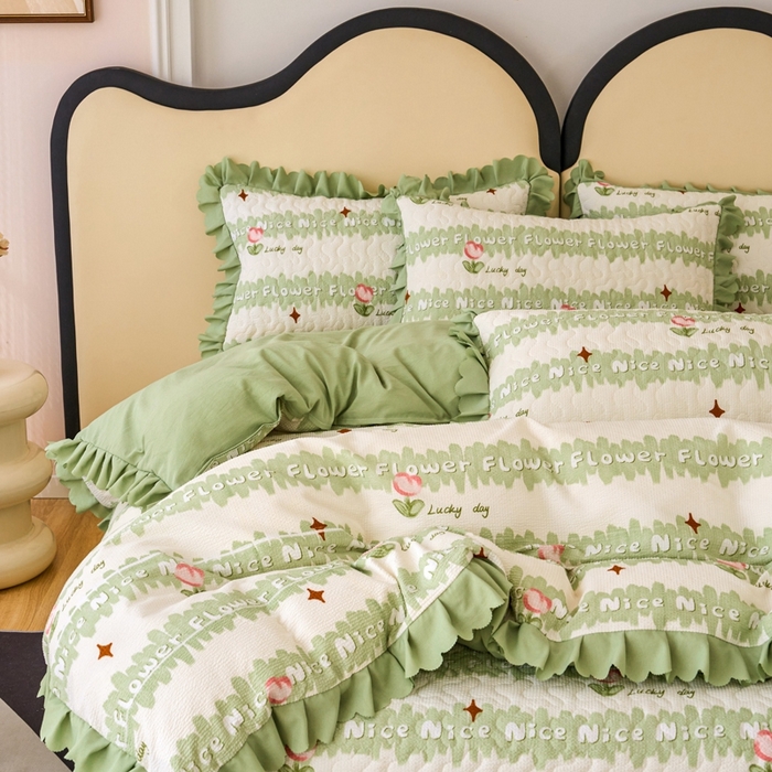 91家纺网 家纺一手货源 找家纺 美莱家纺 2024爆款蕾丝床盖三件套四件套【被套款】 郁金香-绿