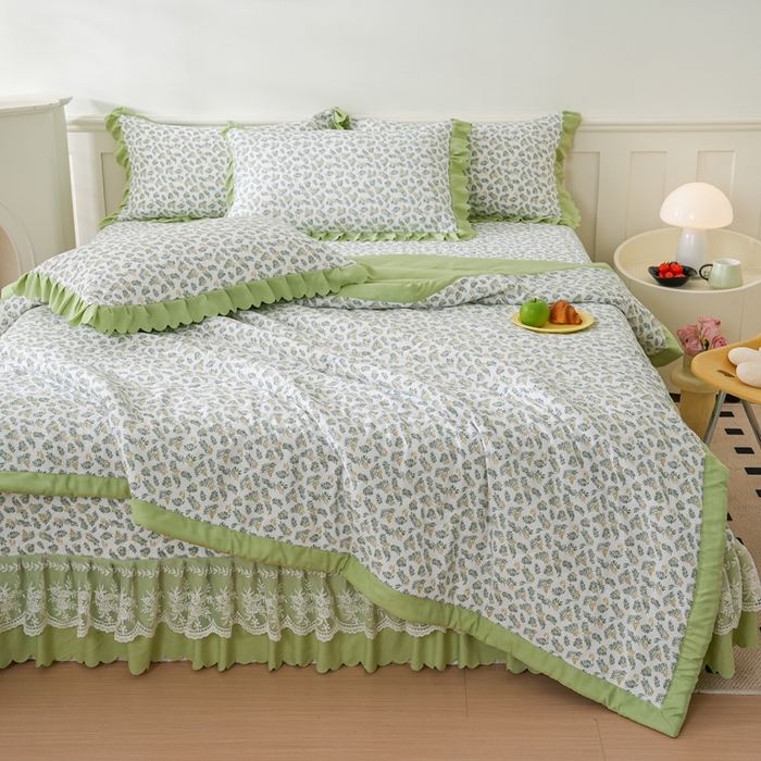 91家纺网 家纺一手货源 找家纺 美莱家纺 2024新款软糯泡泡棉蕾丝床盖床盖四件套单品系列-床盖夏被四件套 含羞草