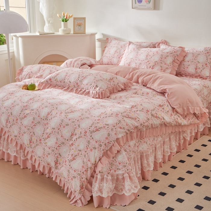 91家纺网 家纺一手货源 找家纺 美莱家纺 2024爆款蕾丝床盖三件套四件套【被套款】 小桃兔兔