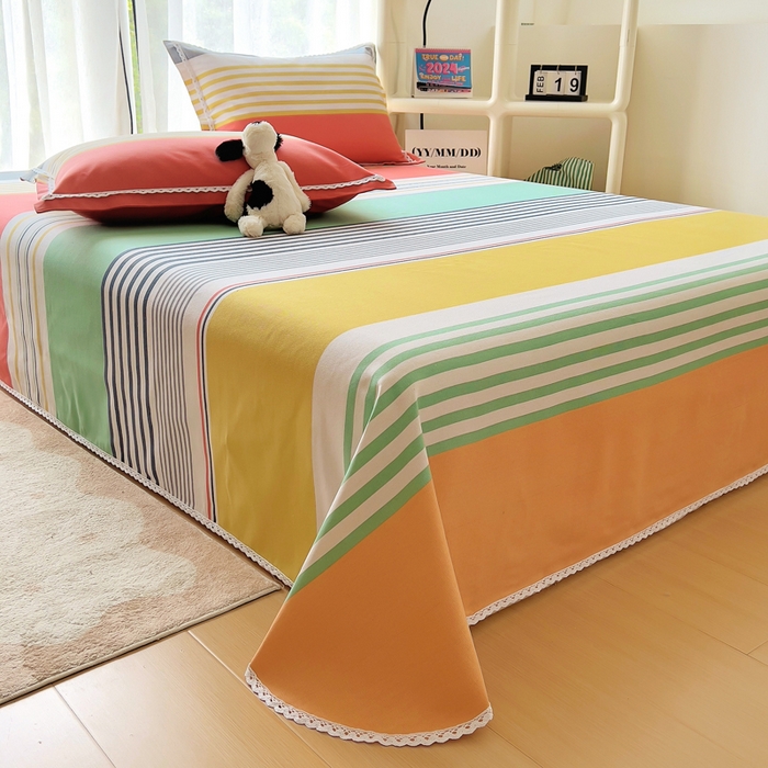 91家纺网 家纺一手货源 找家纺 新印象 2025新款花边老粗布床单款床笠款三件套 彩虹条