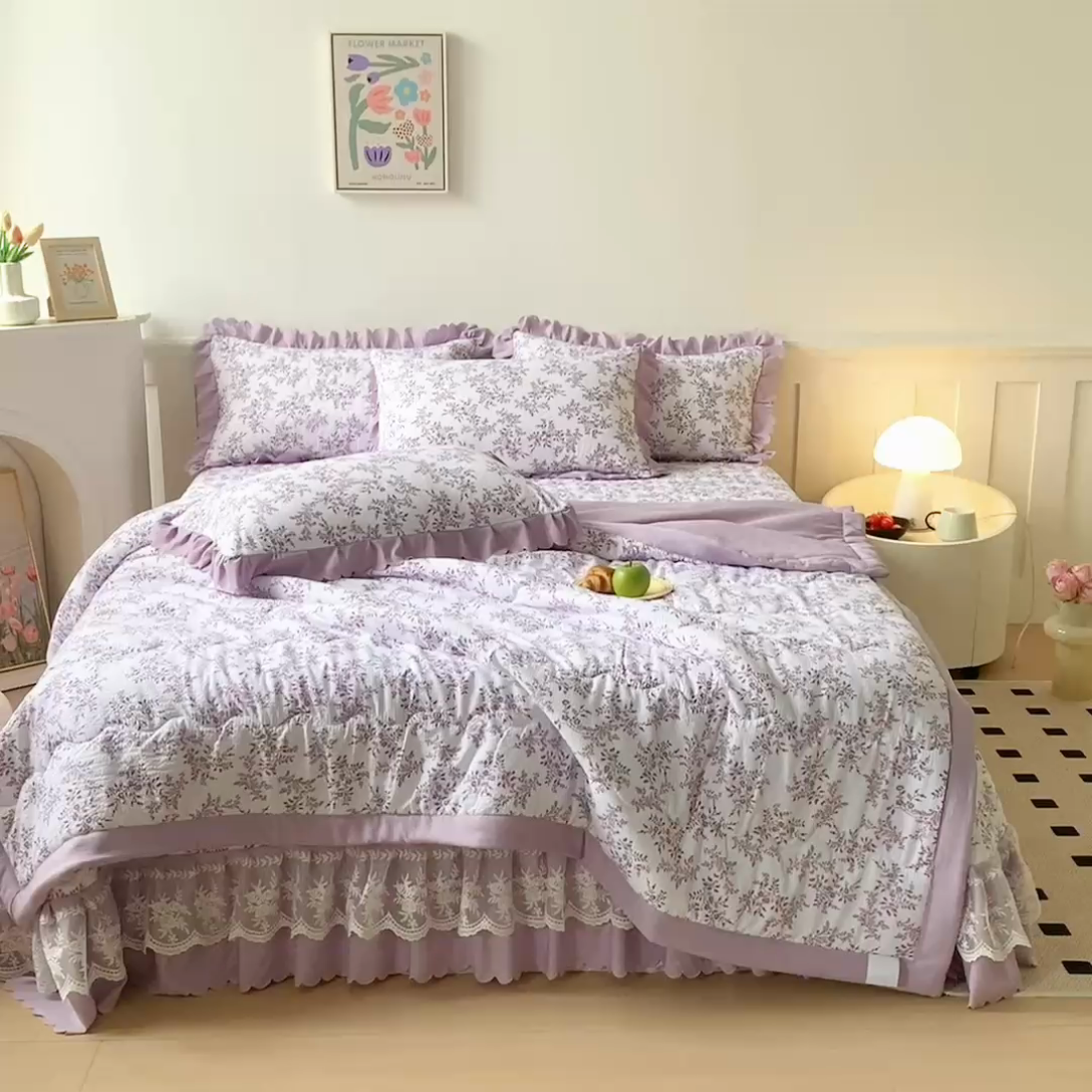 91家纺网 家纺一手货源 找家纺 美莱家纺 2024新款软糯泡泡棉蕾丝床盖床盖四件套单品系列-床盖夏被四件套 紫苏