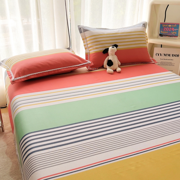 91家纺网 家纺一手货源 找家纺 新印象 2025新款花边老粗布床单款床笠款三件套 彩虹条