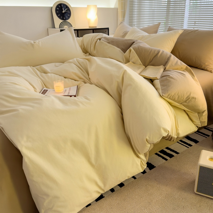 91家纺网 家纺一手货源 找家纺 颜选 2024新款简约纯色水洗棉四件套系列 奶茶+卡其