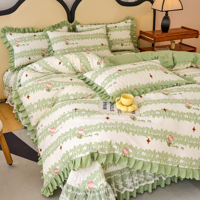 91家纺网 家纺一手货源 找家纺 美莱家纺 2024爆款蕾丝床盖三件套四件套【被套款】 郁金香-绿