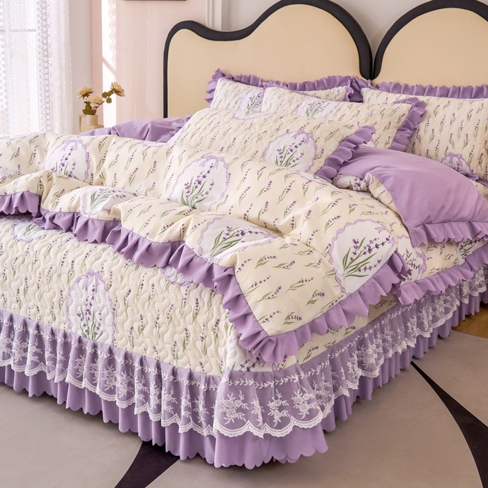91家纺网 家纺一手货源 找家纺 美莱家纺 2024爆款蕾丝床盖三件套四件套【被套款】 薰衣草-紫