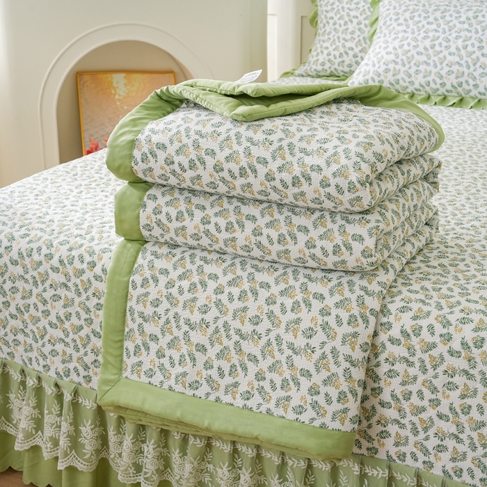 91家纺网 家纺一手货源 找家纺 美莱家纺 2024新款软糯泡泡棉蕾丝床盖床盖四件套单品系列-床盖夏被四件套 含羞草