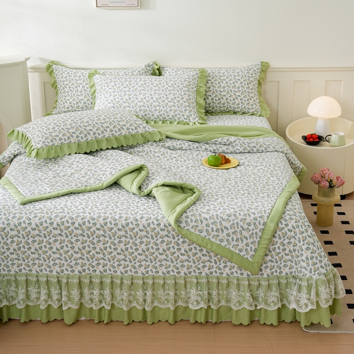 91家纺网 家纺一手货源 找家纺 美莱家纺 2024新款软糯泡泡棉蕾丝床盖床盖四件套单品系列-床盖夏被四件套 含羞草