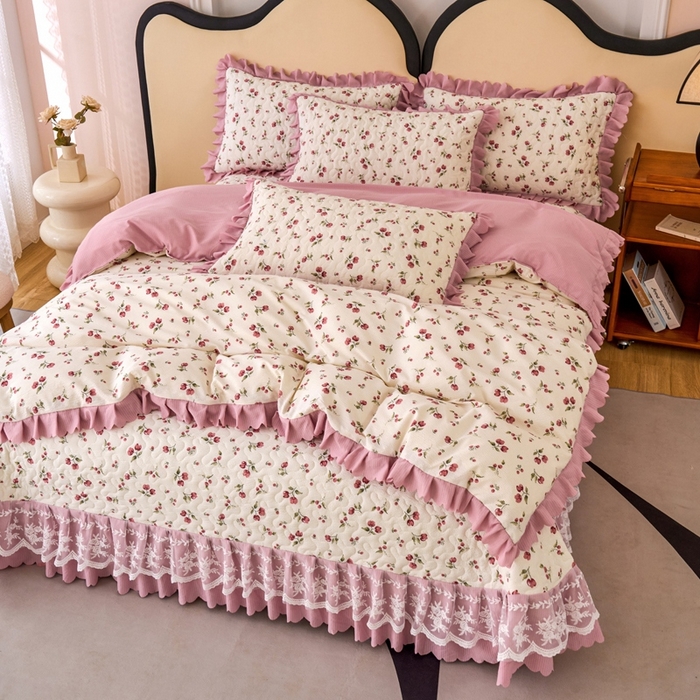 91家纺网 家纺一手货源 找家纺 美莱家纺 2024爆款蕾丝床盖三件套四件套【被套款】 樱花