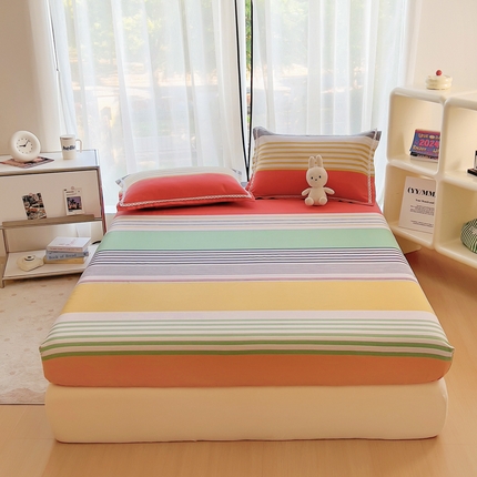 91家纺网 家纺一手货源 找家纺 新印象 2025新款花边老粗布床单款床笠款三件套 彩虹条